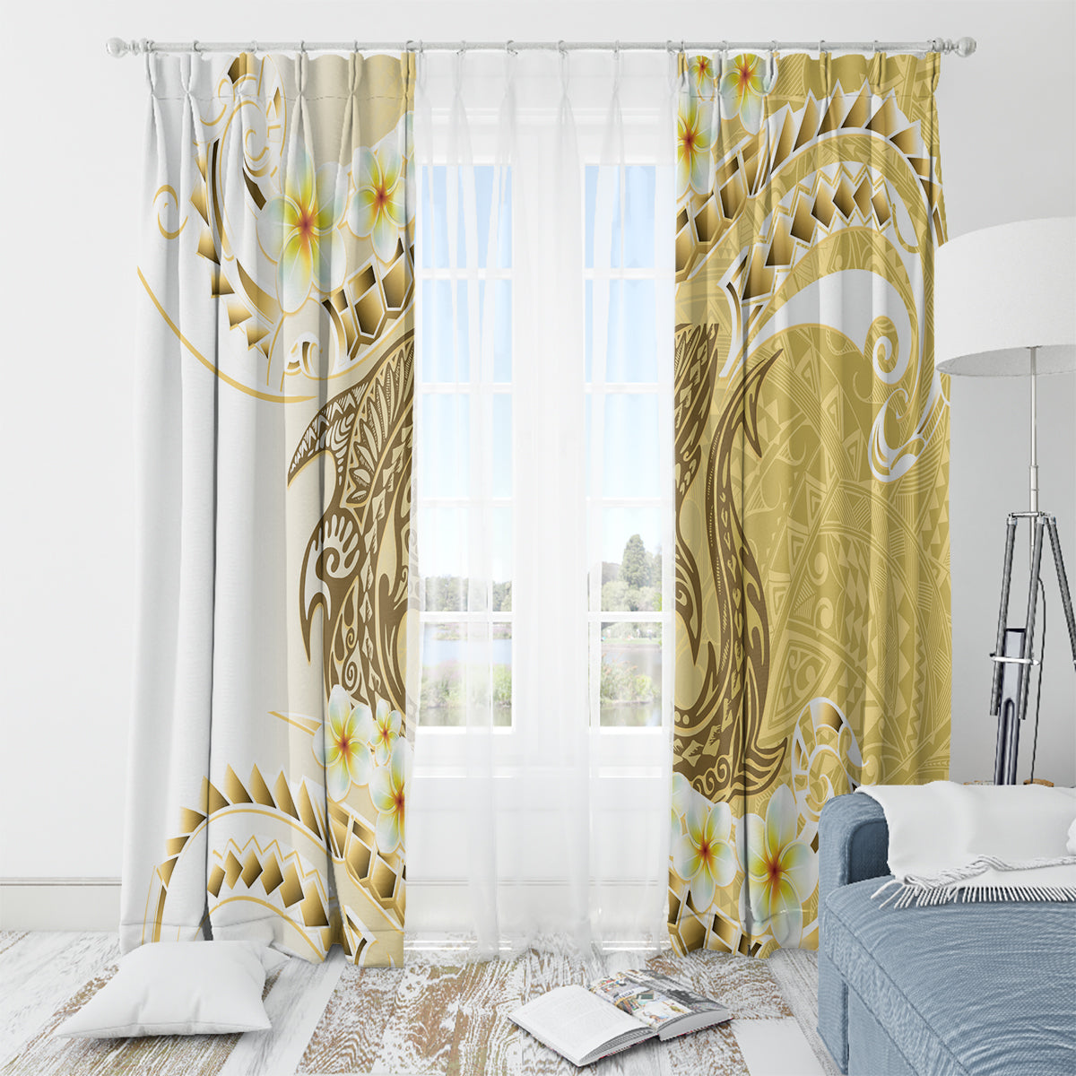 Gold Hawaii Shark Tattoo Window Curtain Frangipani With Polynesian Pastel Version LT14 - Polynesian Pride