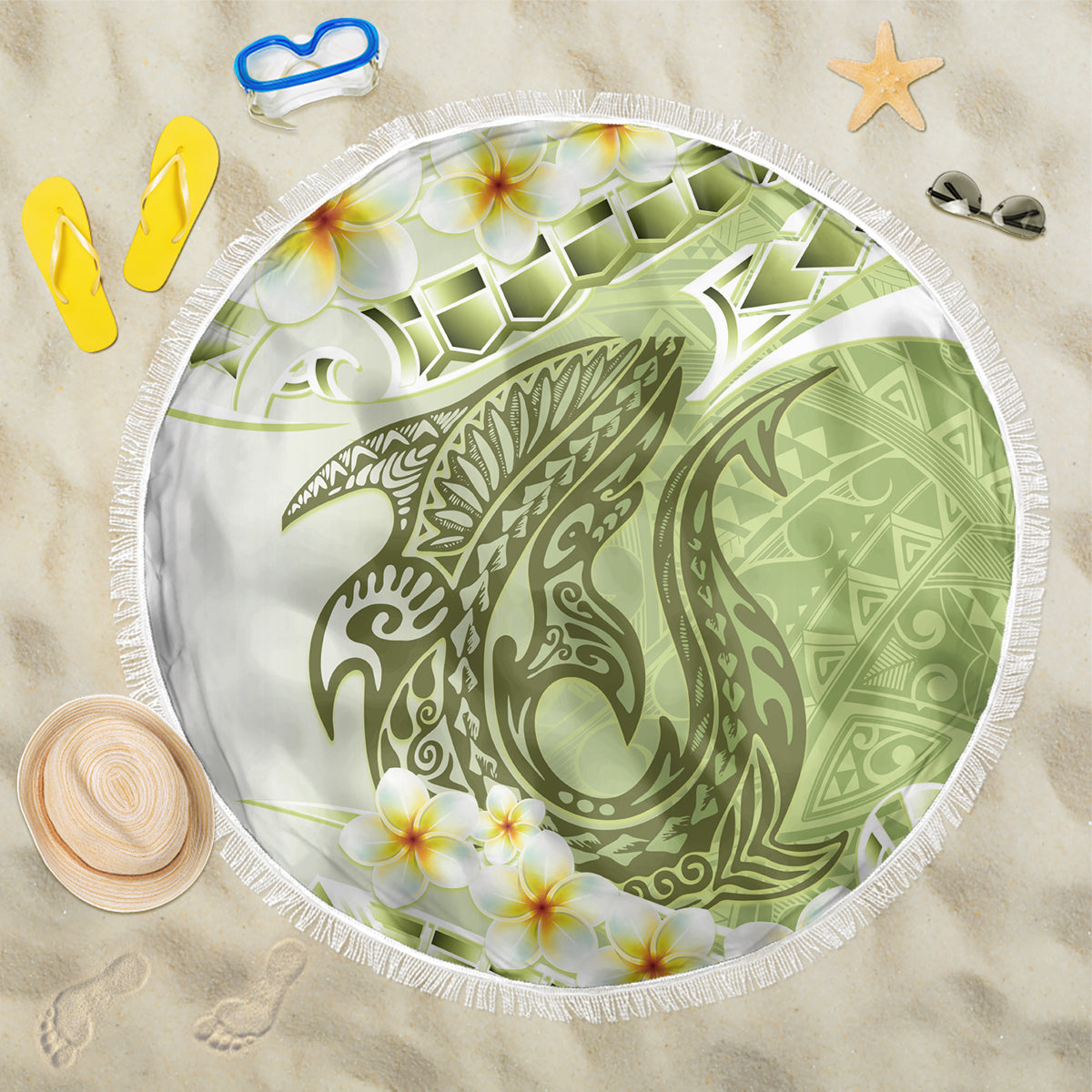 Green Hawaii Shark Tattoo Beach Blanket Frangipani With Polynesian Pastel Version
