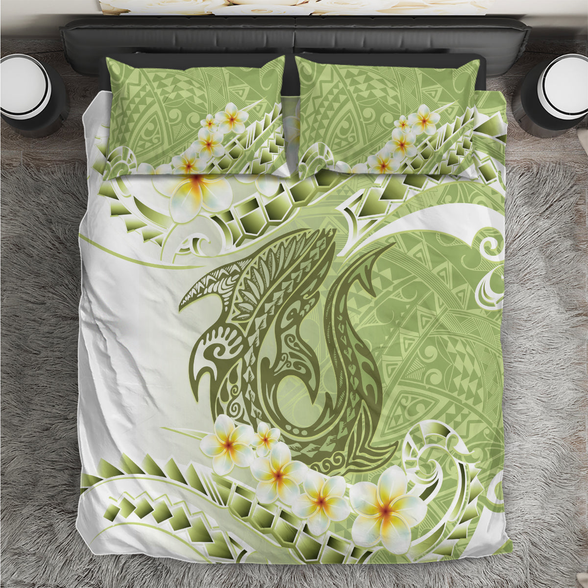 Green Hawaii Shark Tattoo Bedding Set Frangipani With Polynesian Pastel Version