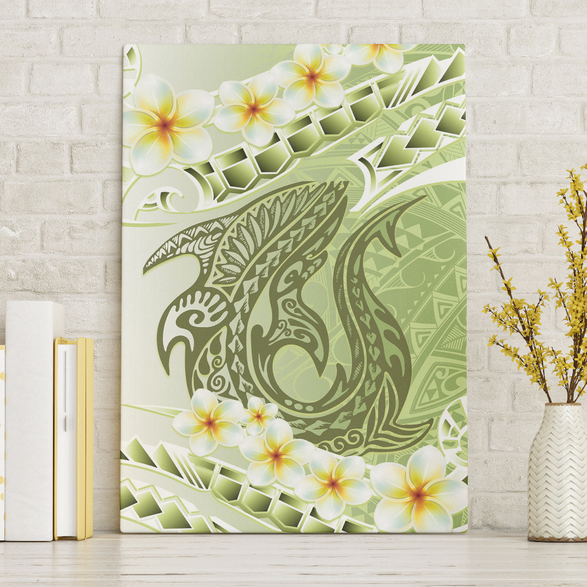 Green Hawaii Shark Tattoo Canvas Wall Art Frangipani With Polynesian Pastel Version LT14 Without Frame Green - Polynesian Pride