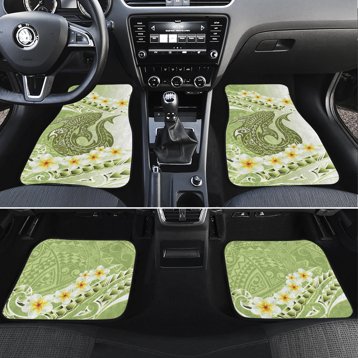 Green Hawaii Shark Tattoo Car Mats Frangipani With Polynesian Pastel Version LT14 Set 4pcs Green - Polynesian Pride