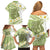 Green Hawaii Shark Tattoo Family Matching Off Shoulder Short Dress and Hawaiian Shirt Frangipani With Polynesian Pastel Version