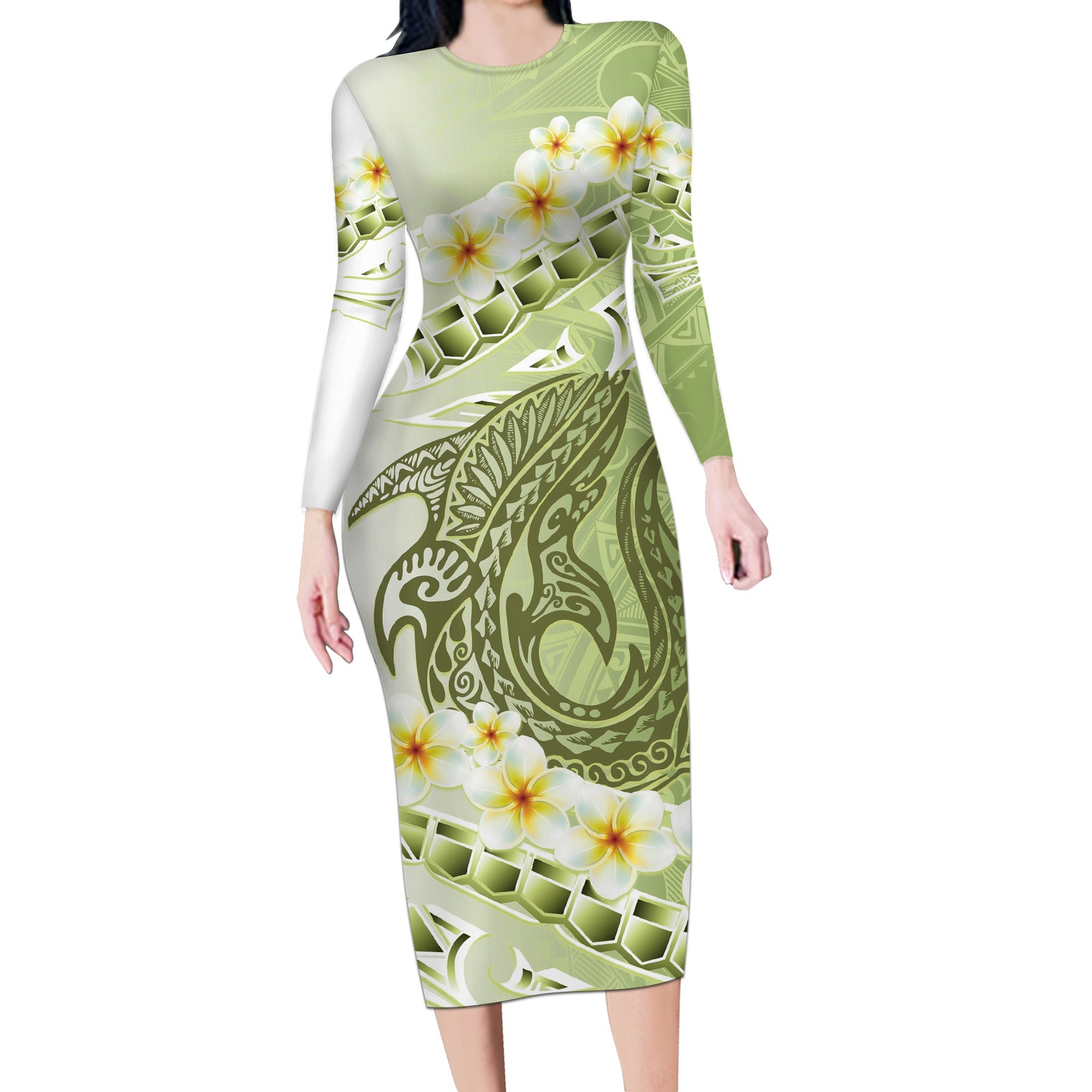 Green Hawaii Shark Tattoo Long Sleeve Bodycon Dress Frangipani With Polynesian Pastel Version LT14 Long Dress Green - Polynesian Pride