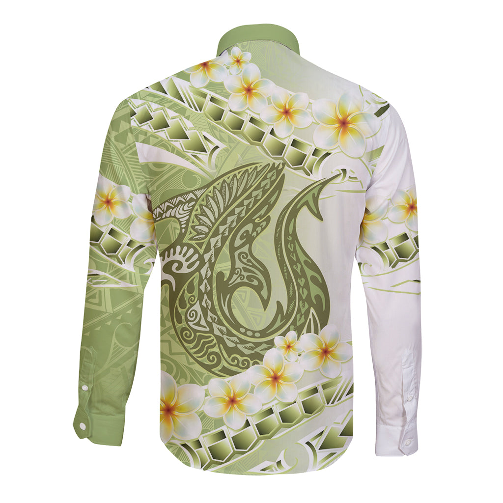 Green Hawaii Shark Tattoo Long Sleeve Button Shirt Frangipani With Polynesian Pastel Version LT14 - Polynesian Pride