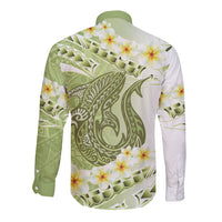 Green Hawaii Shark Tattoo Long Sleeve Button Shirt Frangipani With Polynesian Pastel Version LT14 - Polynesian Pride