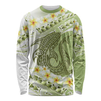Green Hawaii Shark Tattoo Long Sleeve Shirt Frangipani With Polynesian Pastel Version LT14 Unisex Green - Polynesian Pride