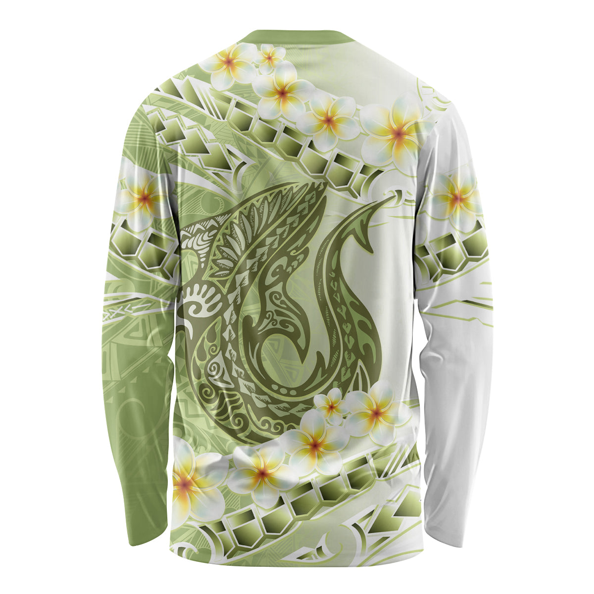 Green Hawaii Shark Tattoo Long Sleeve Shirt Frangipani With Polynesian Pastel Version LT14 - Polynesian Pride