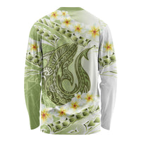 Green Hawaii Shark Tattoo Long Sleeve Shirt Frangipani With Polynesian Pastel Version LT14 - Polynesian Pride