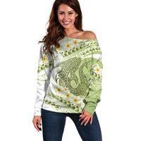 Green Hawaii Shark Tattoo Off Shoulder Sweater Frangipani With Polynesian Pastel Version LT14 Women Green - Polynesian Pride
