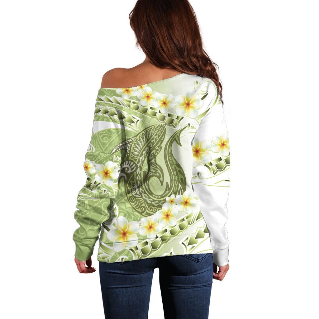 Green Hawaii Shark Tattoo Off Shoulder Sweater Frangipani With Polynesian Pastel Version LT14 - Polynesian Pride