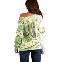 Green Hawaii Shark Tattoo Off Shoulder Sweater Frangipani With Polynesian Pastel Version LT14 - Polynesian Pride