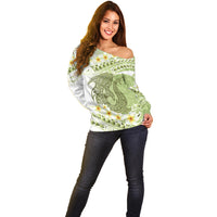 Green Hawaii Shark Tattoo Off Shoulder Sweater Frangipani With Polynesian Pastel Version LT14 - Polynesian Pride