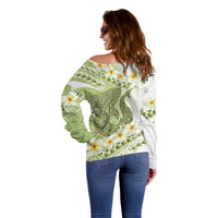 Green Hawaii Shark Tattoo Off Shoulder Sweater Frangipani With Polynesian Pastel Version LT14 - Polynesian Pride