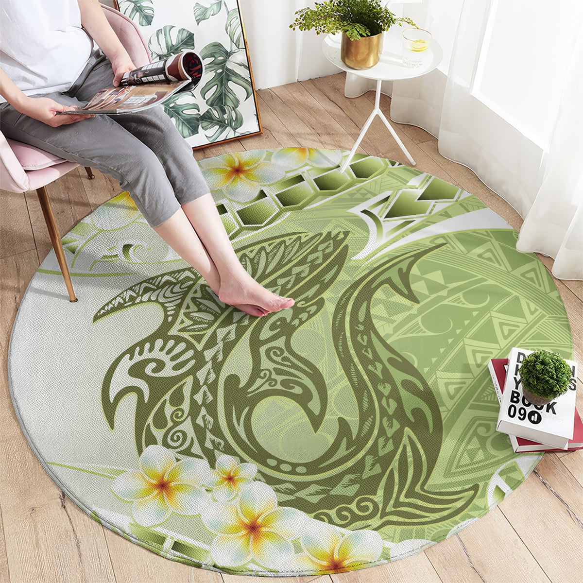 Green Hawaii Shark Tattoo Round Carpet Frangipani With Polynesian Pastel Version LT14 - Polynesian Pride