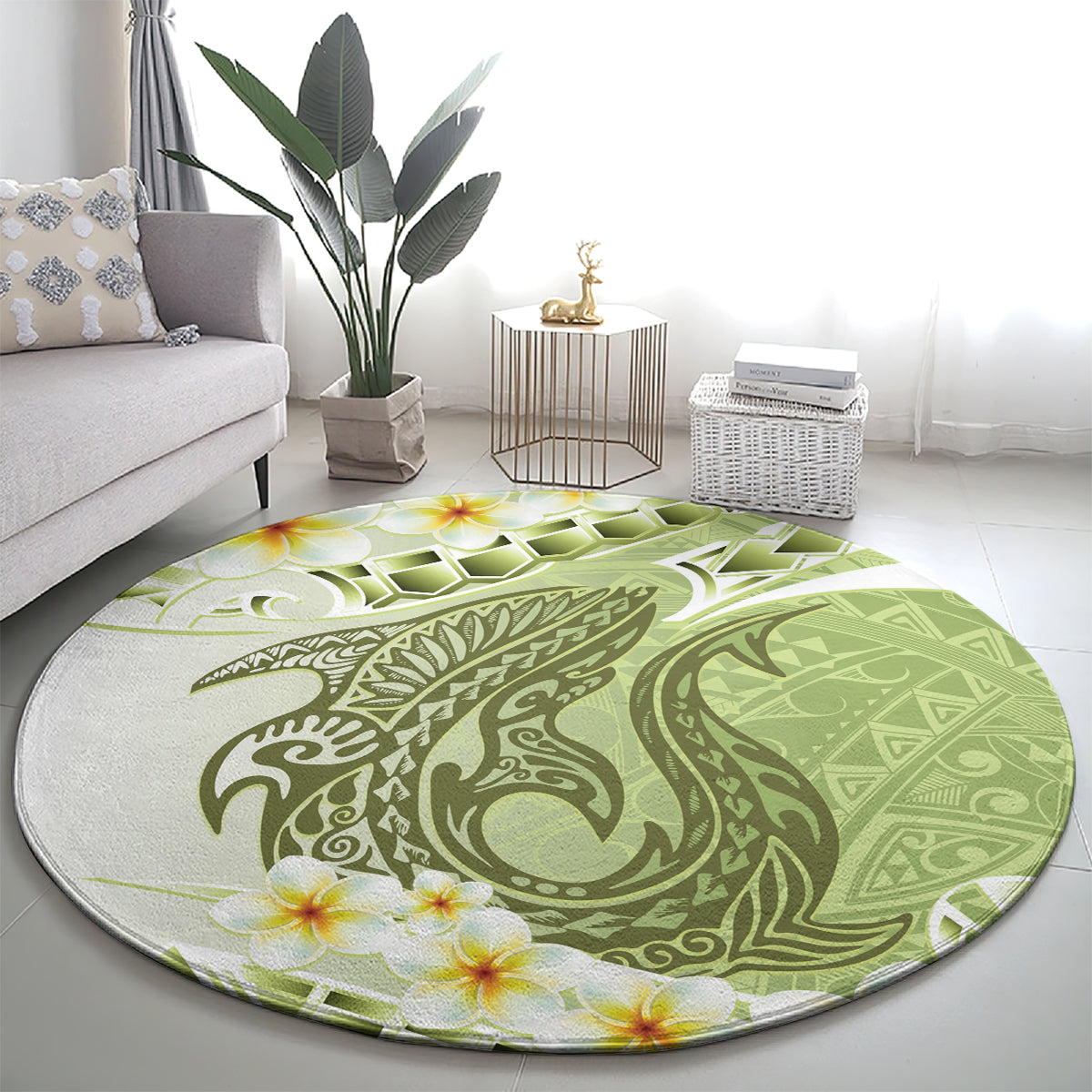 Green Hawaii Shark Tattoo Round Carpet Frangipani With Polynesian Pastel Version LT14 - Polynesian Pride