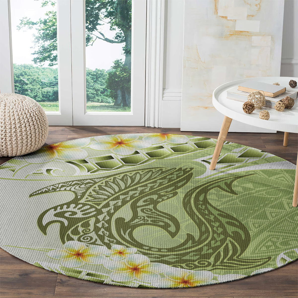 Green Hawaii Shark Tattoo Round Carpet Frangipani With Polynesian Pastel Version LT14 - Polynesian Pride