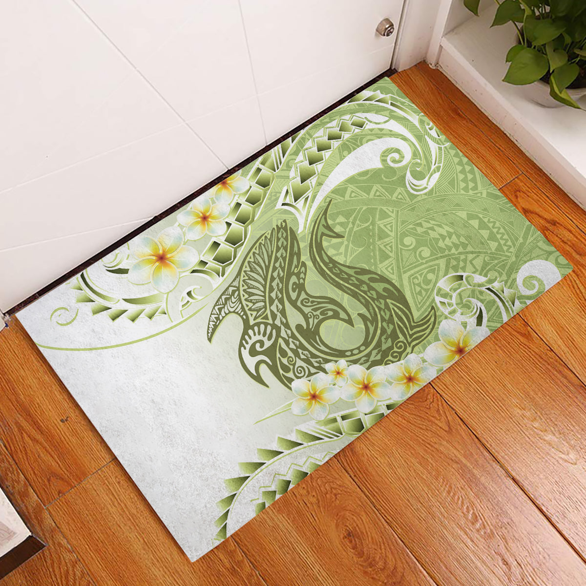 Green Hawaii Shark Tattoo Rubber Doormat Frangipani With Polynesian Pastel Version LT14 Green - Polynesian Pride