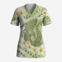 Green Hawaii Shark Tattoo Scrub Top Frangipani With Polynesian Pastel Version LT14 Adult Green - Polynesian Pride