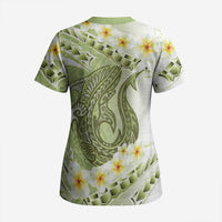 Green Hawaii Shark Tattoo Scrub Top Frangipani With Polynesian Pastel Version LT14 - Polynesian Pride