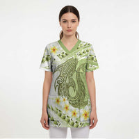 Green Hawaii Shark Tattoo Scrub Top Frangipani With Polynesian Pastel Version LT14 - Polynesian Pride