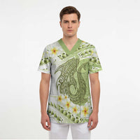 Green Hawaii Shark Tattoo Scrub Top Frangipani With Polynesian Pastel Version LT14 - Polynesian Pride