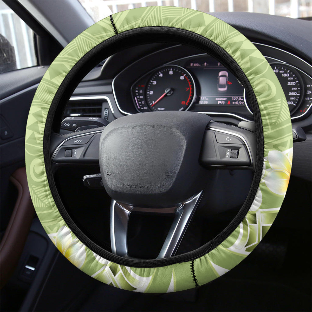 Green Hawaii Shark Tattoo Steering Wheel Cover Frangipani With Polynesian Pastel Version LT14 - Polynesian Pride