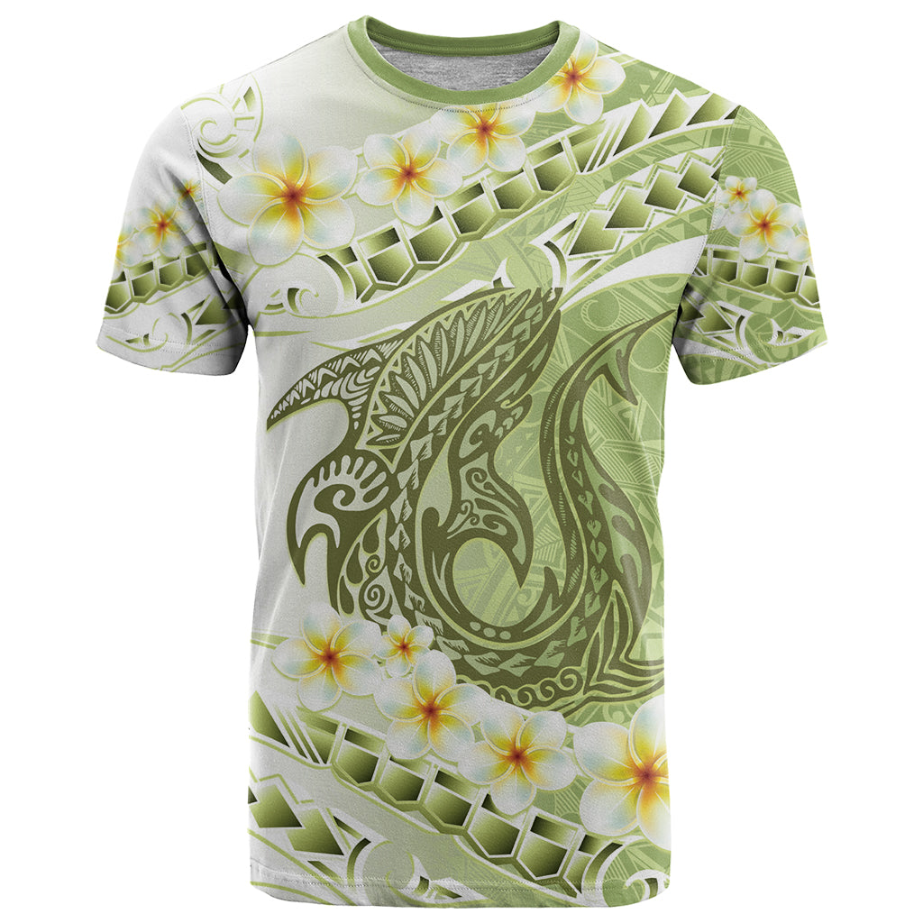 Green Hawaii Shark Tattoo T Shirt Frangipani With Polynesian Pastel Version LT14 Green - Polynesian Pride