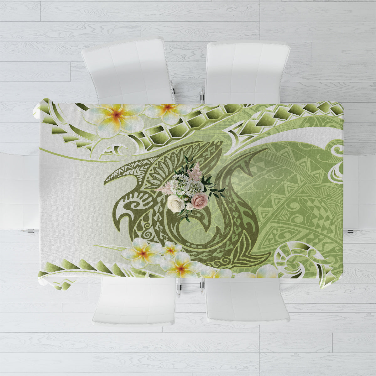 Green Hawaii Shark Tattoo Tablecloth Frangipani With Polynesian Pastel Version LT14 Green - Polynesian Pride