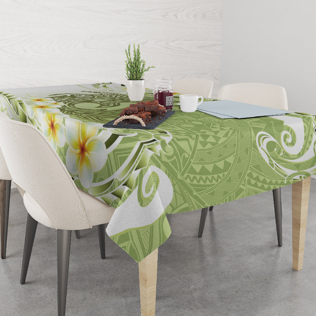 Green Hawaii Shark Tattoo Tablecloth Frangipani With Polynesian Pastel Version LT14 - Polynesian Pride