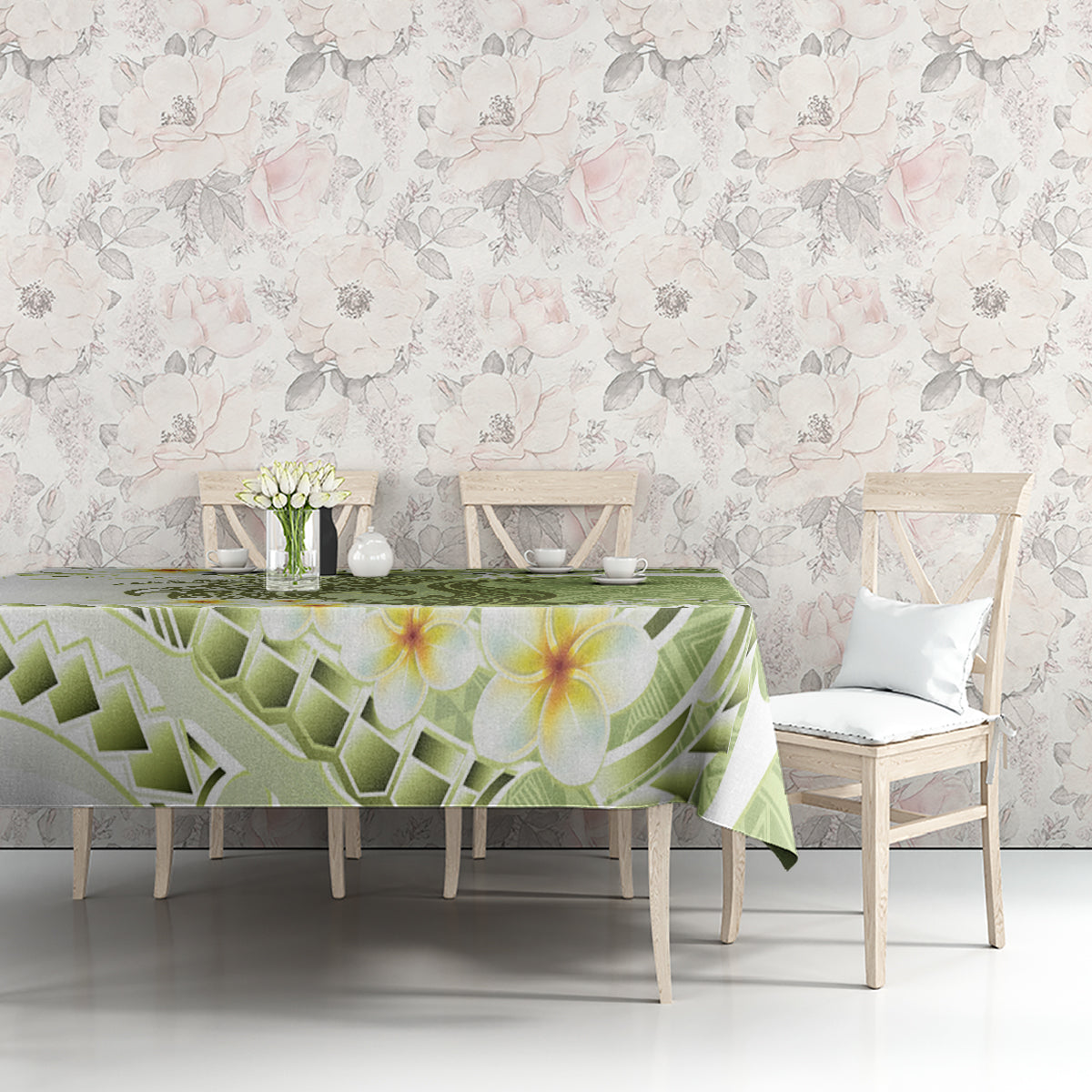 Green Hawaii Shark Tattoo Tablecloth Frangipani With Polynesian Pastel Version LT14 - Polynesian Pride