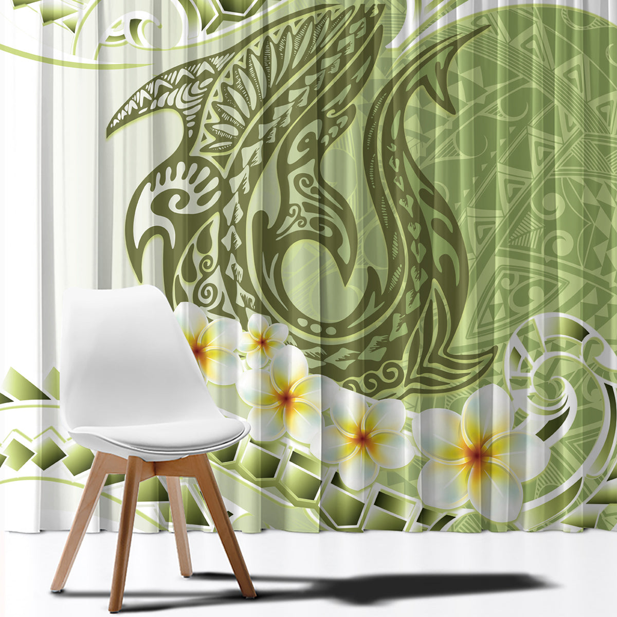 Green Hawaii Shark Tattoo Window Curtain Frangipani With Polynesian Pastel Version LT14 - Polynesian Pride