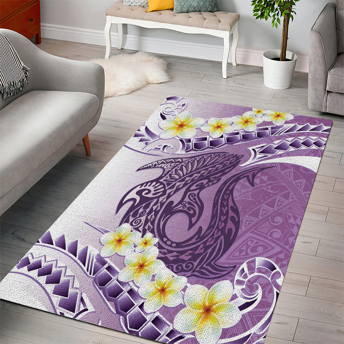 Purple Hawaii Shark Tattoo Area Rug Frangipani With Polynesian Pastel Version LT14 - Polynesian Pride