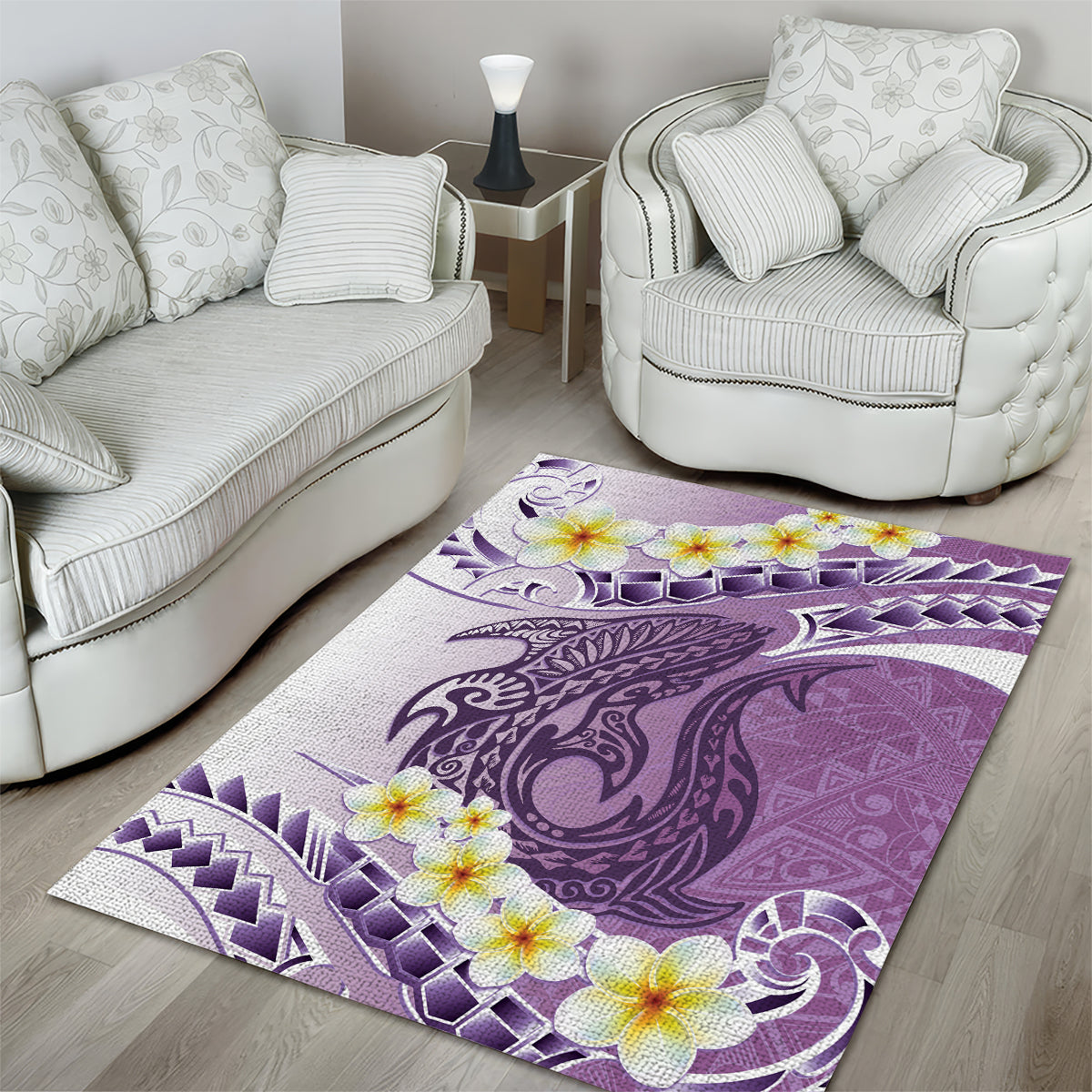 Purple Hawaii Shark Tattoo Area Rug Frangipani With Polynesian Pastel Version LT14 - Polynesian Pride
