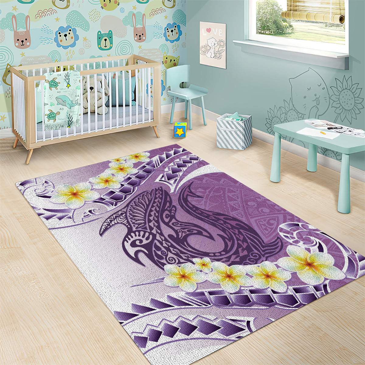 Purple Hawaii Shark Tattoo Area Rug Frangipani With Polynesian Pastel Version LT14 - Polynesian Pride