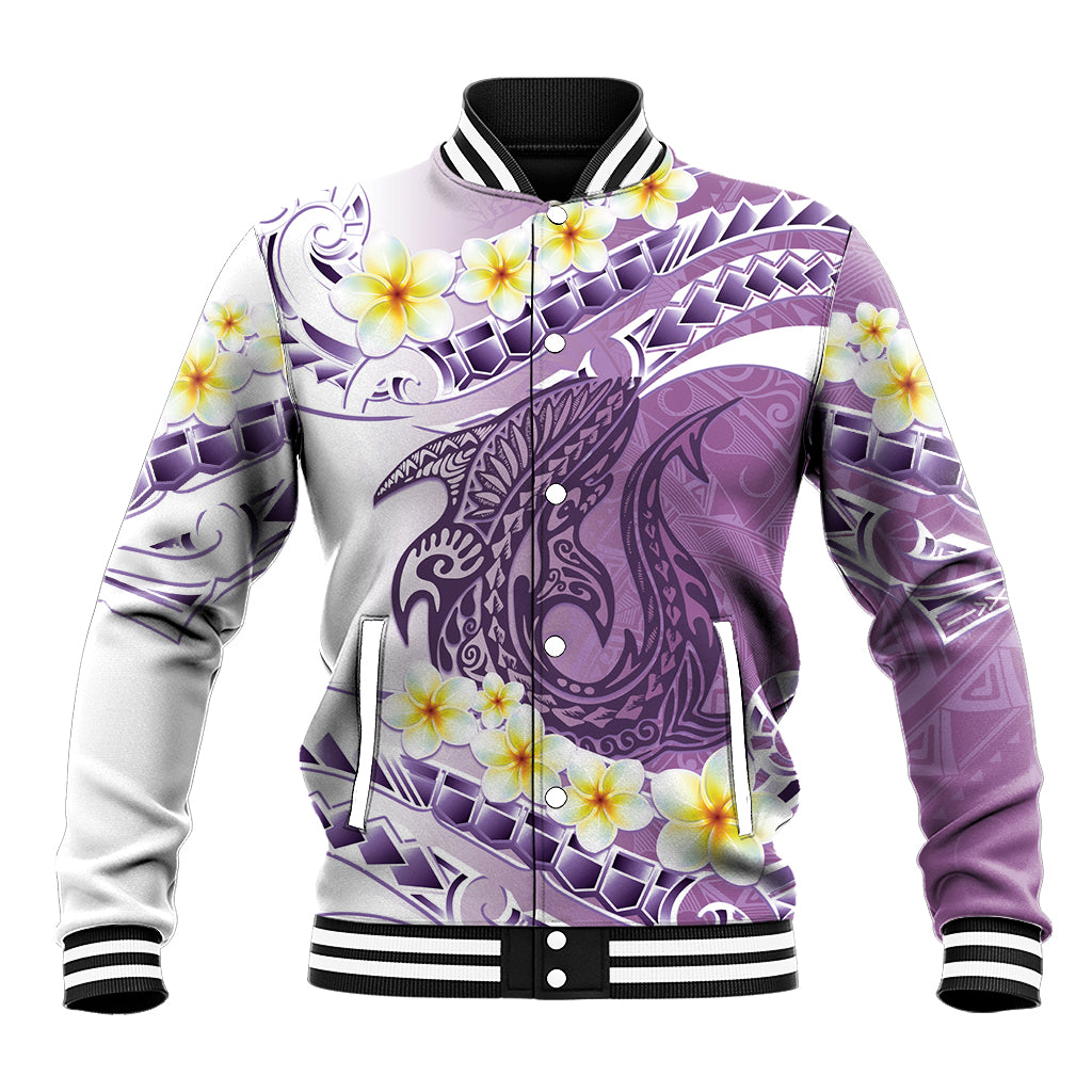 Purple Hawaii Shark Tattoo Baseball Jacket Frangipani With Polynesian Pastel Version LT14 Unisex Purple - Polynesian Pride