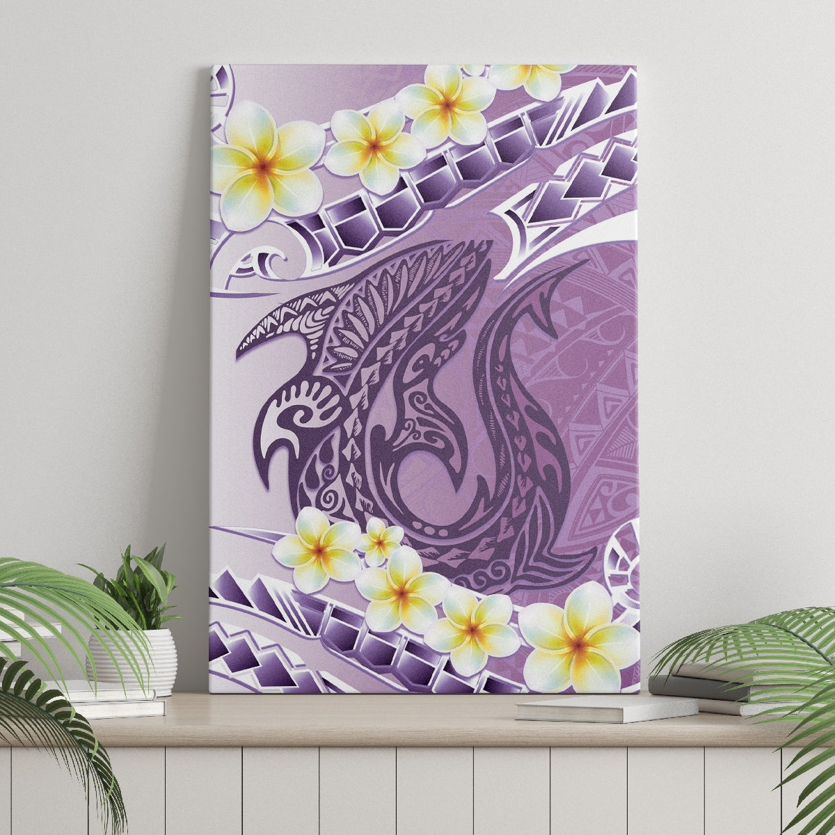 Purple Hawaii Shark Tattoo Canvas Wall Art Frangipani With Polynesian Pastel Version LT14 - Polynesian Pride