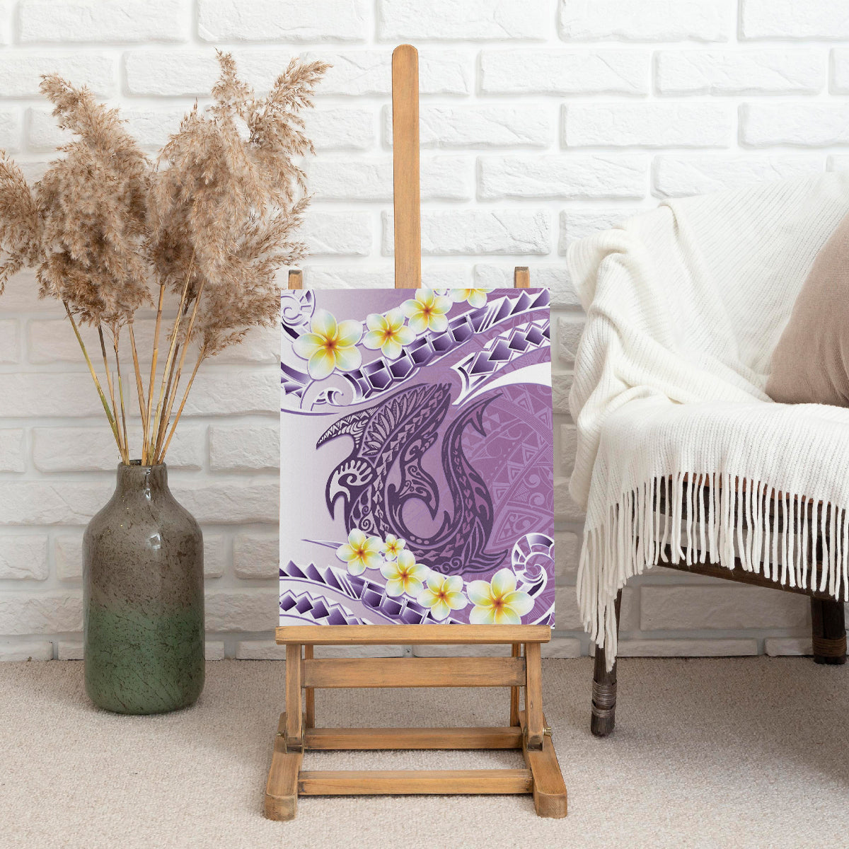 Purple Hawaii Shark Tattoo Canvas Wall Art Frangipani With Polynesian Pastel Version LT14 - Polynesian Pride