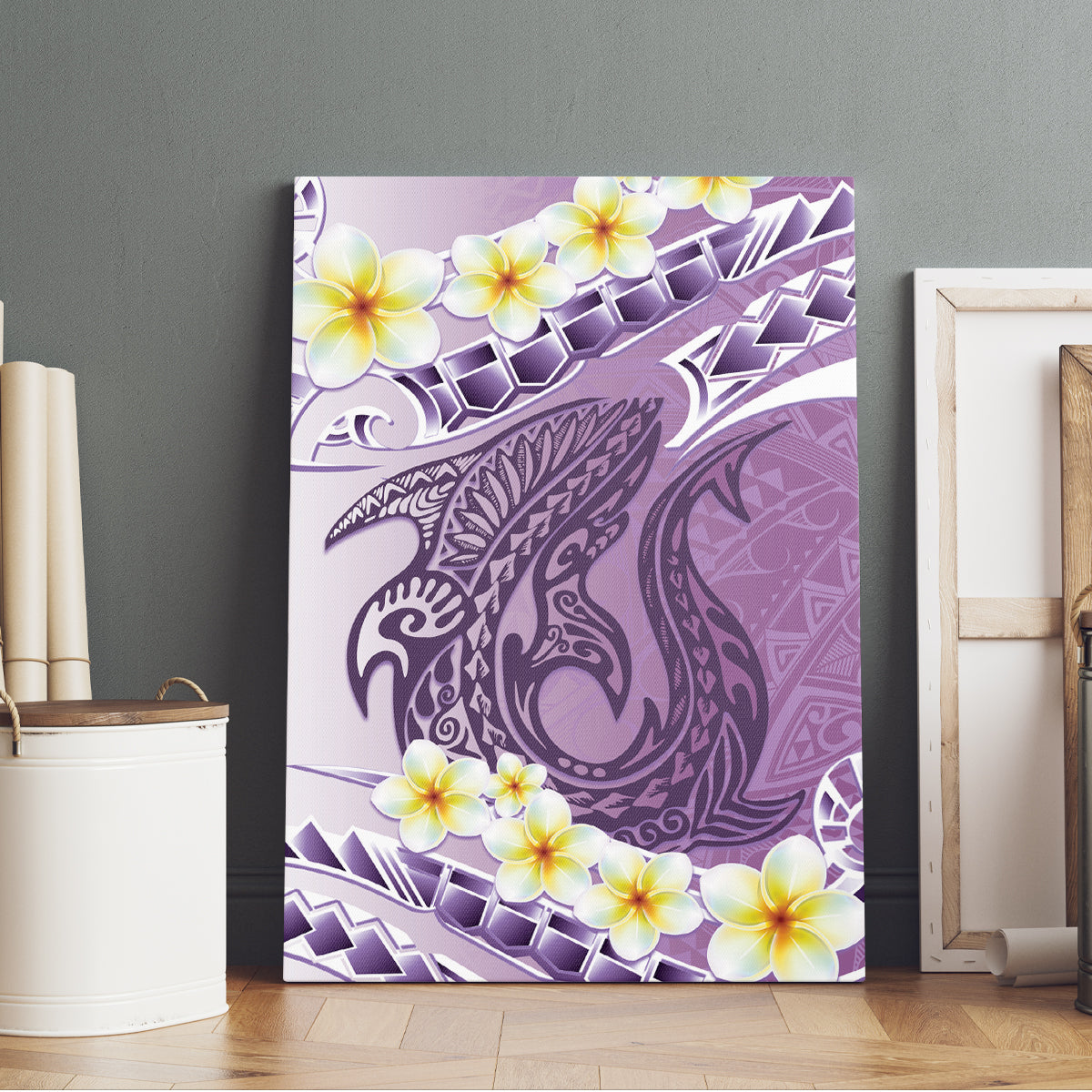 Purple Hawaii Shark Tattoo Canvas Wall Art Frangipani With Polynesian Pastel Version LT14 - Polynesian Pride