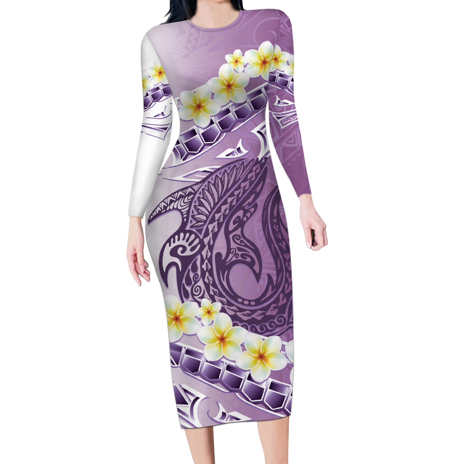 Purple Hawaii Shark Tattoo Long Sleeve Bodycon Dress Frangipani With Polynesian Pastel Version LT14 Long Dress Purple - Polynesian Pride
