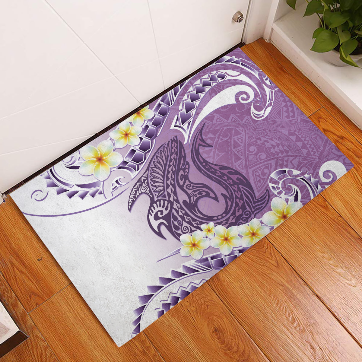 Purple Hawaii Shark Tattoo Rubber Doormat Frangipani With Polynesian Pastel Version LT14 Purple - Polynesian Pride