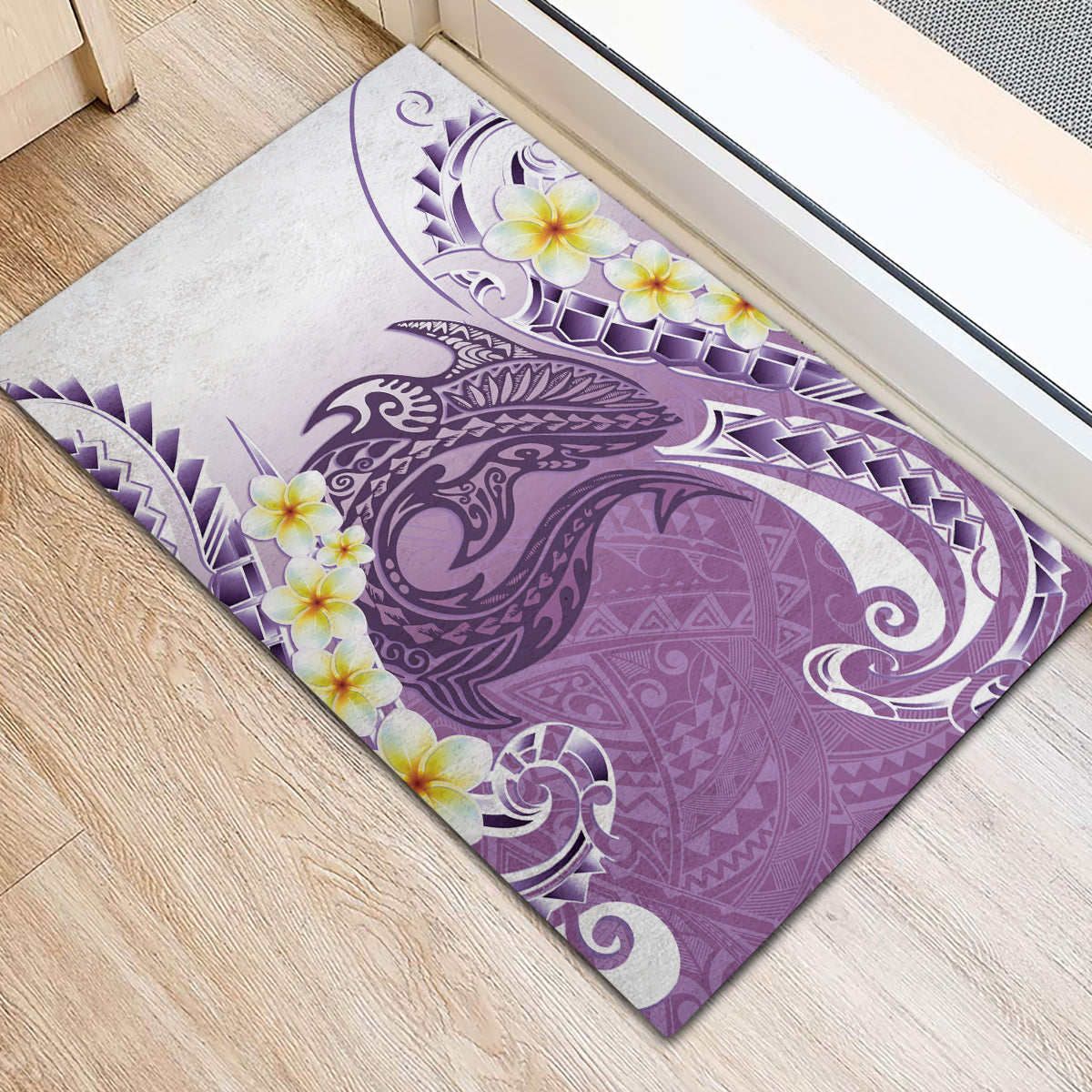 Purple Hawaii Shark Tattoo Rubber Doormat Frangipani With Polynesian Pastel Version LT14 - Polynesian Pride