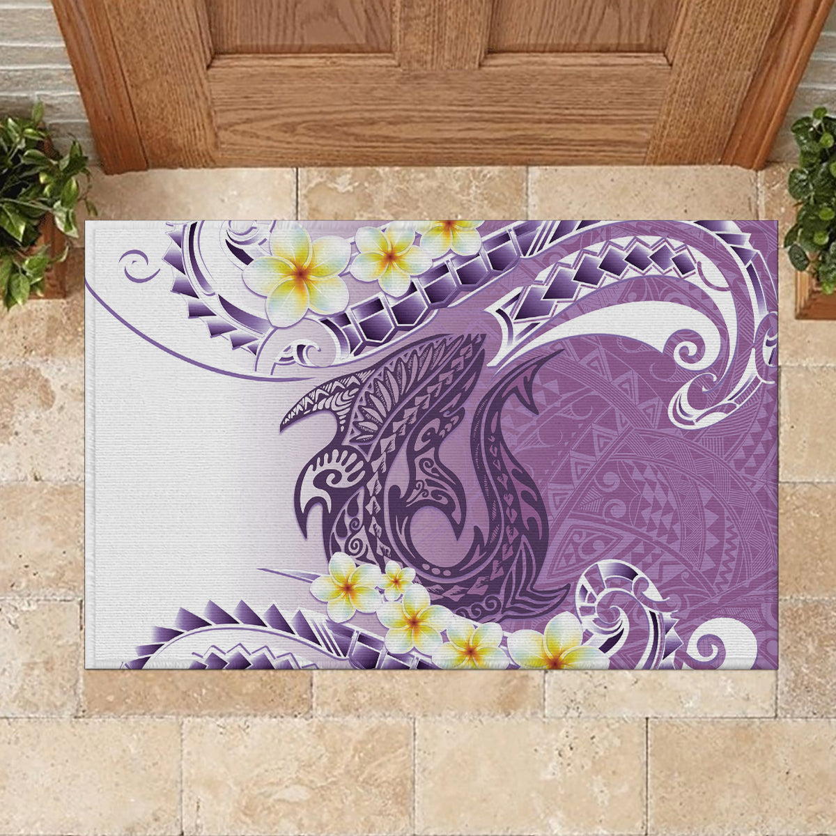 Purple Hawaii Shark Tattoo Rubber Doormat Frangipani With Polynesian Pastel Version LT14 - Polynesian Pride