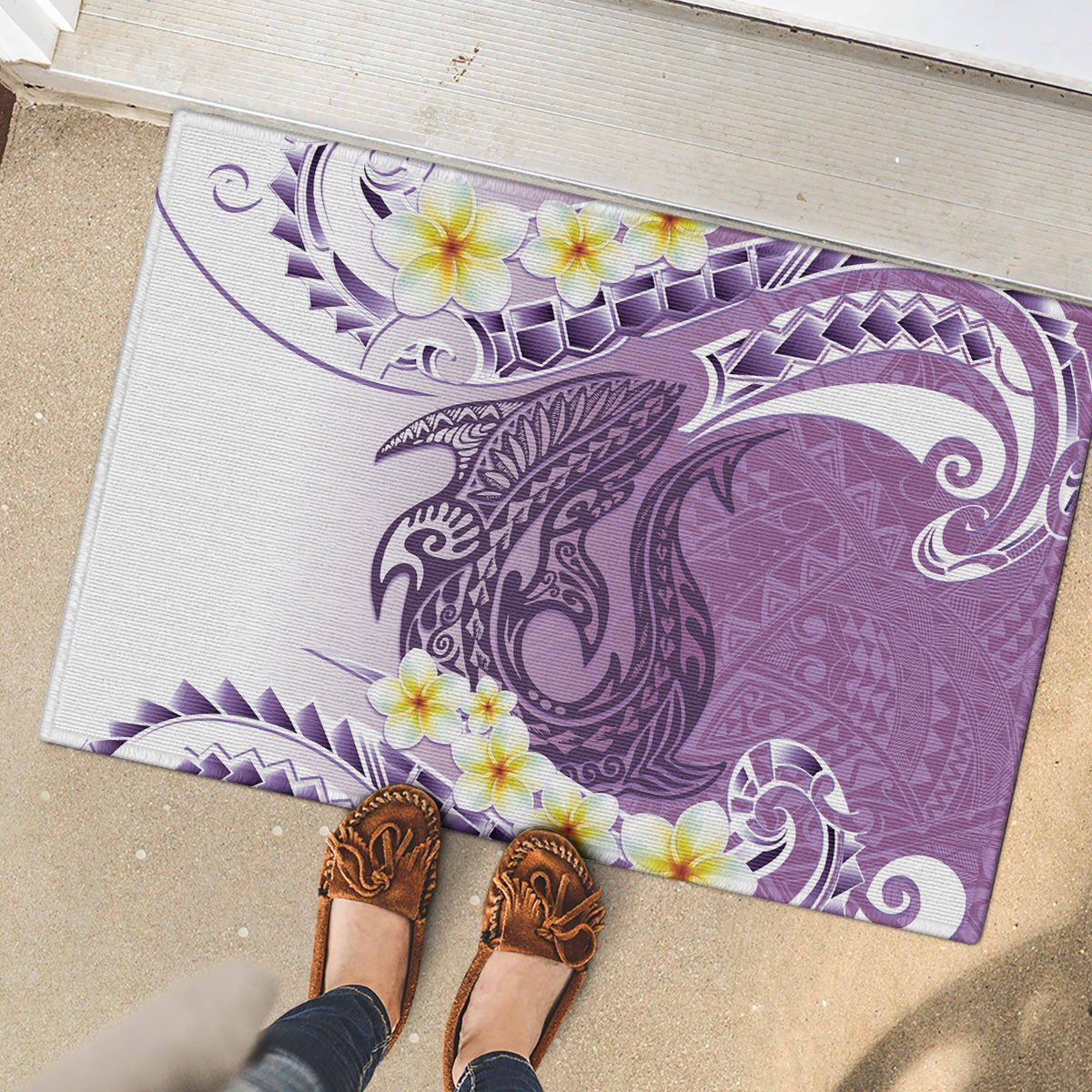 Purple Hawaii Shark Tattoo Rubber Doormat Frangipani With Polynesian Pastel Version LT14 - Polynesian Pride