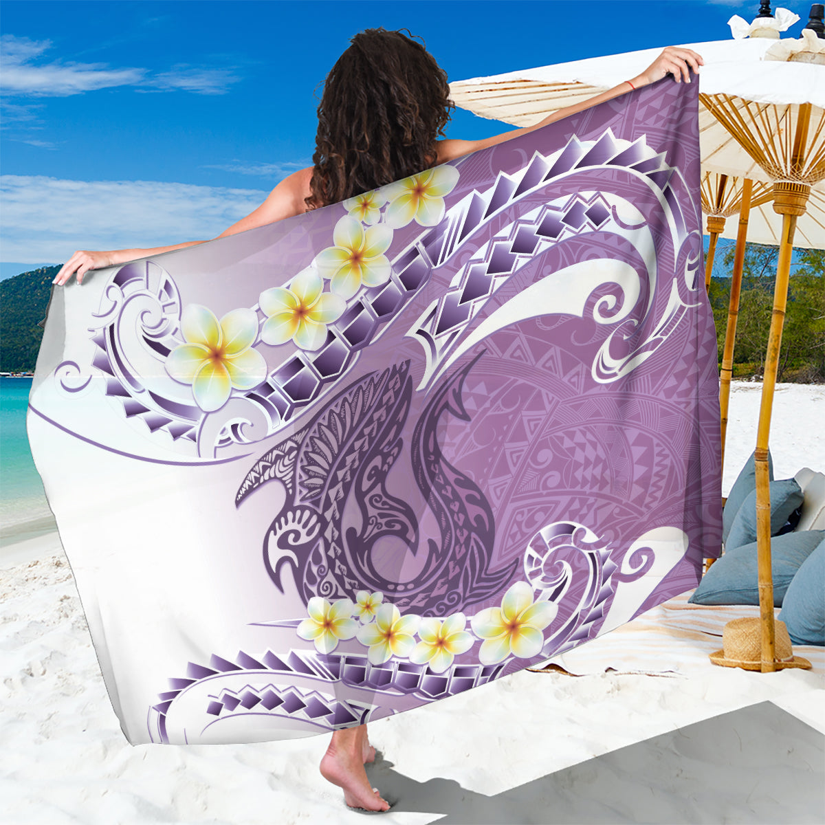 Purple Hawaii Shark Tattoo Sarong Frangipani With Polynesian Pastel Version LT14 One Size 44 x 66 inches Purple - Polynesian Pride