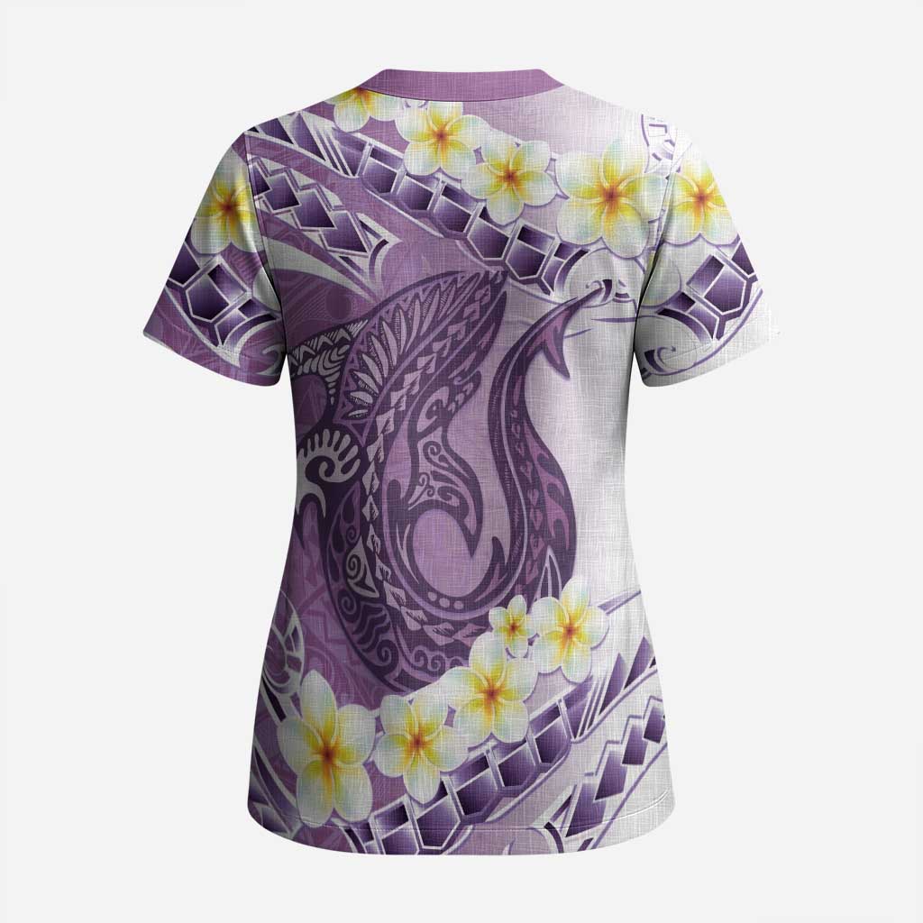 Purple Hawaii Shark Tattoo Scrub Top Frangipani With Polynesian Pastel Version LT14 - Polynesian Pride