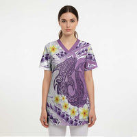 Purple Hawaii Shark Tattoo Scrub Top Frangipani With Polynesian Pastel Version LT14 - Polynesian Pride