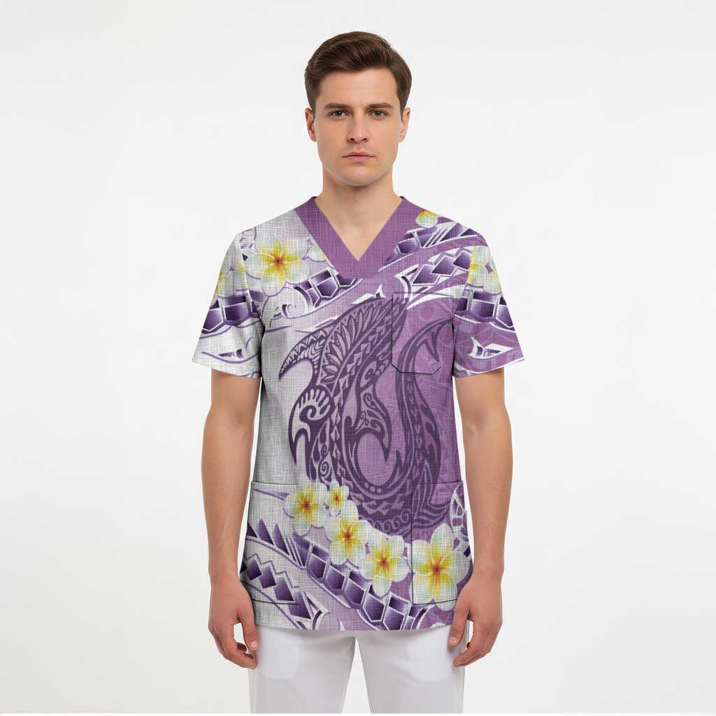 Purple Hawaii Shark Tattoo Scrub Top Frangipani With Polynesian Pastel Version LT14 - Polynesian Pride