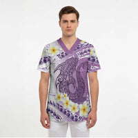 Purple Hawaii Shark Tattoo Scrub Top Frangipani With Polynesian Pastel Version LT14 - Polynesian Pride
