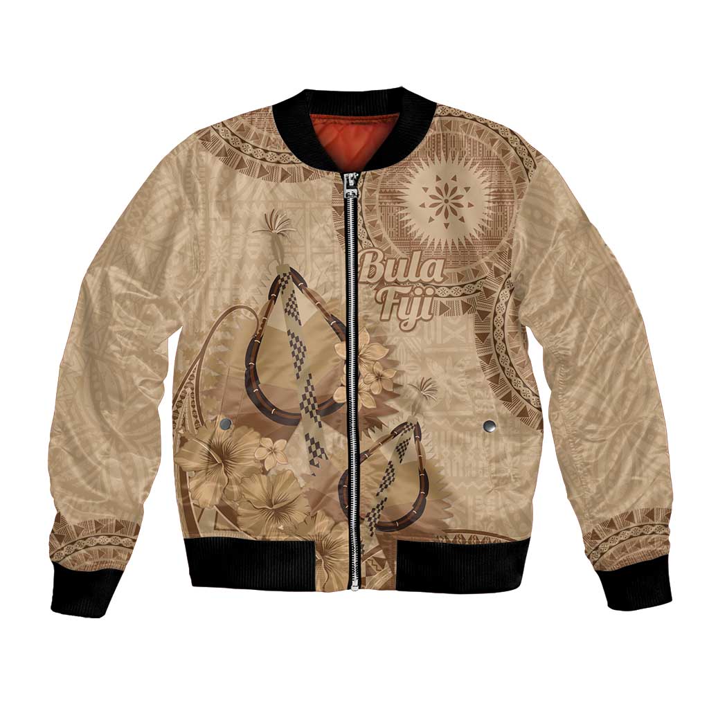 Brown Bula Fiji Bomber Jacket Fijian Dance Fan Tapa Cloth Pattern LT14 Unisex Brown - Polynesian Pride