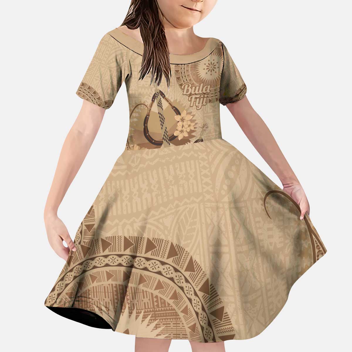 Brown Bula Fiji Kid Short Sleeve Dress Fijian Dance Fan Tapa Cloth Pattern LT14 KID Brown - Polynesian Pride